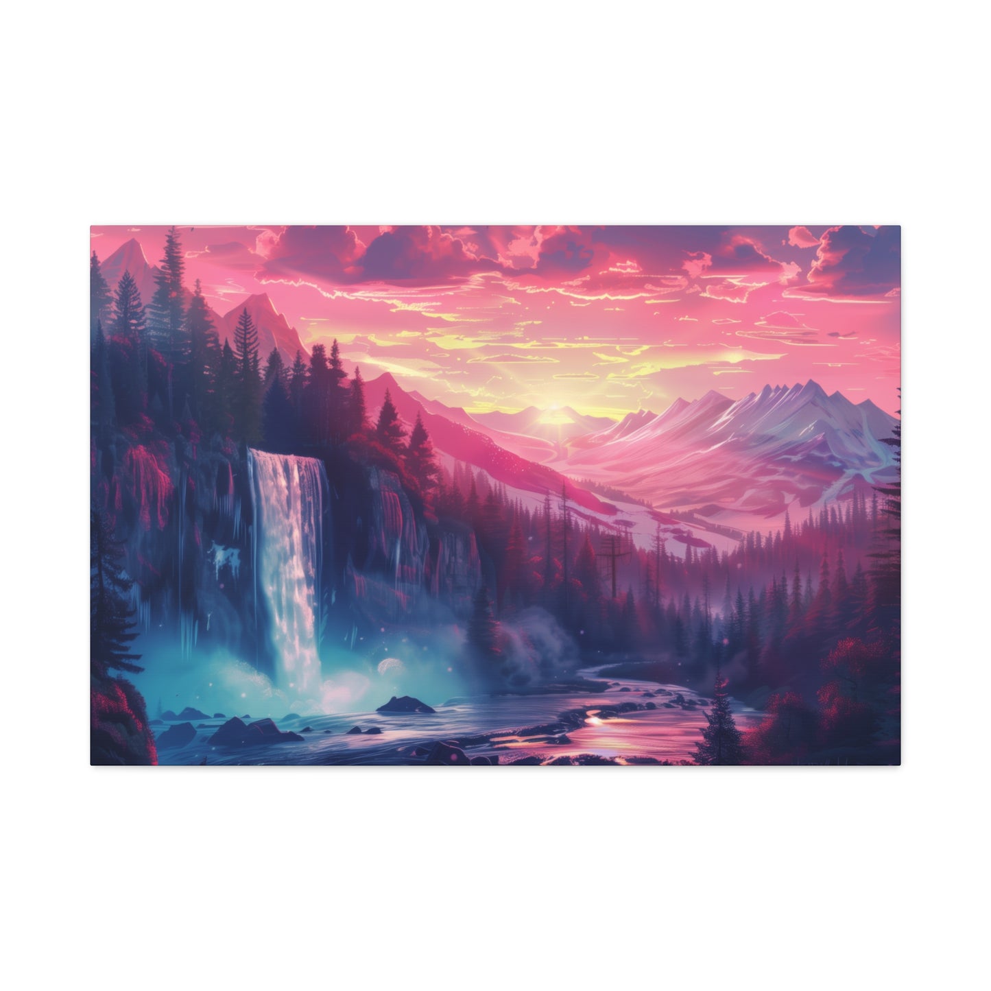 Dreamy Landscape with Waterfall and Mountains - Purple Evening Digital Illustration Canvas Gallery Wraps