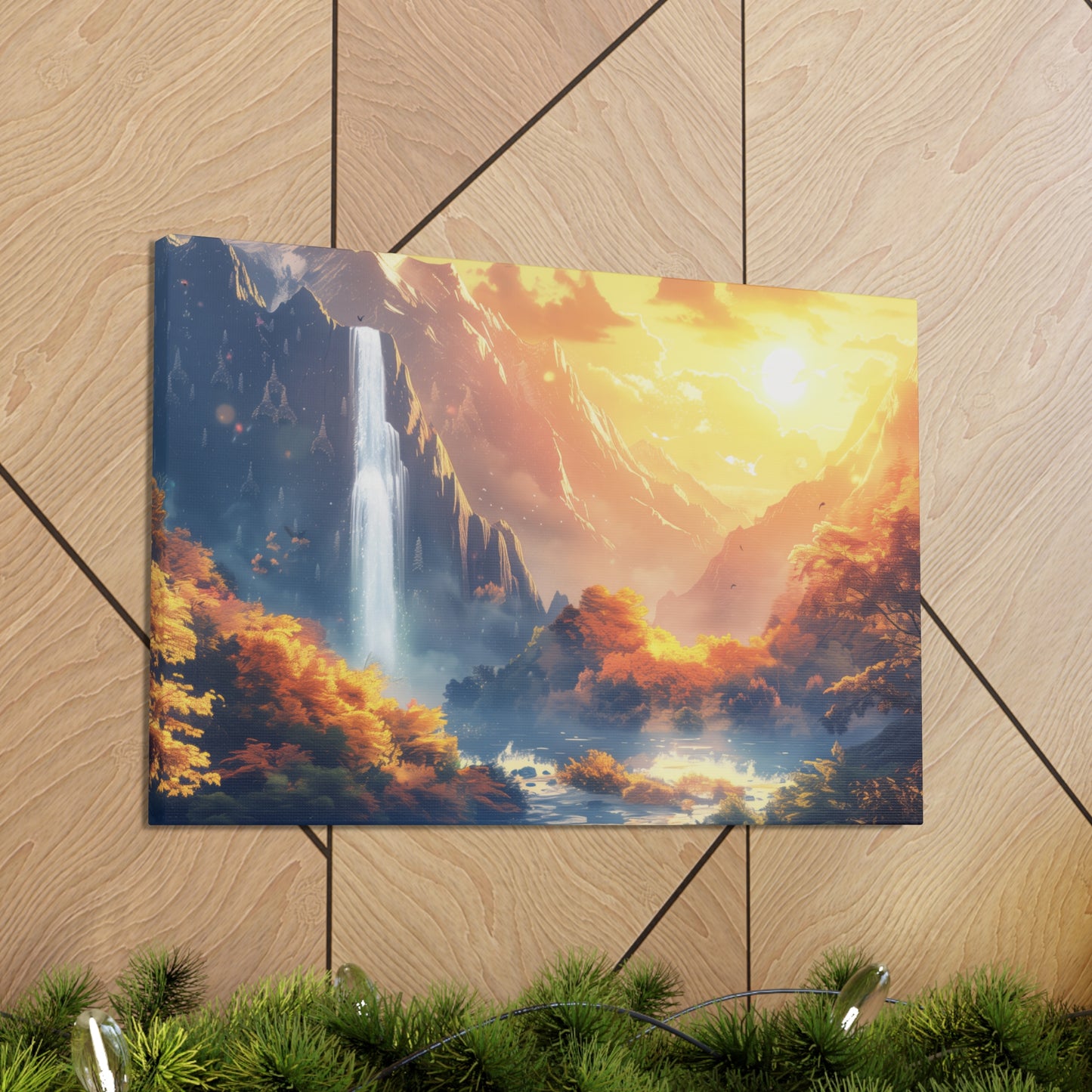 Dreamy Landscape - Waterfall and Mountains in Golden Morning Illustration Canvas Gallery Wraps