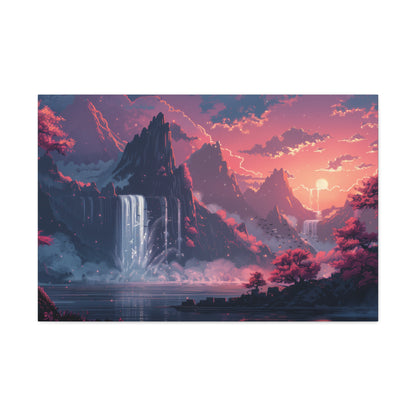 Dreamy Landscape Sunset with Waterfall and Mountains - Digital Illustration Canvas Gallery Wraps