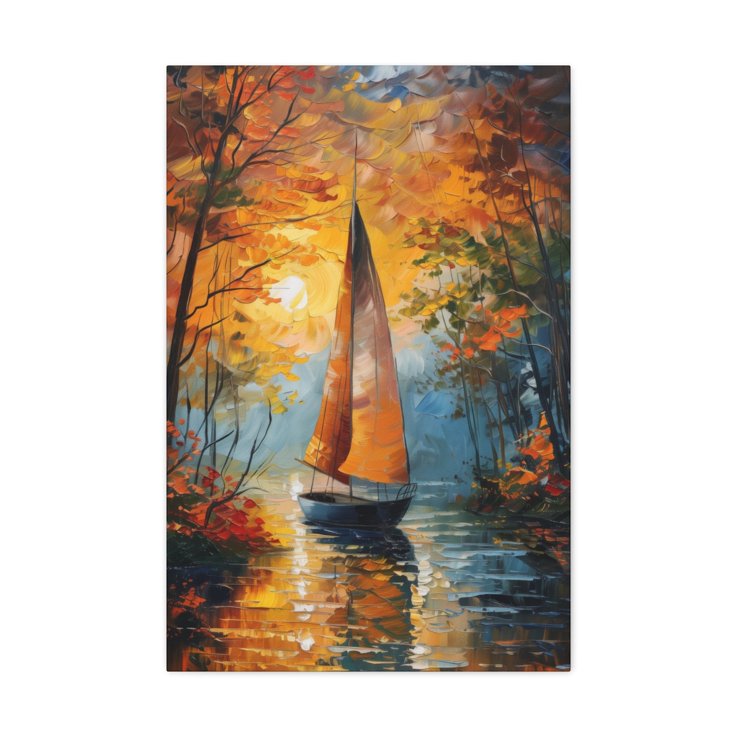 A Boat Sailing Through the Wild River - Leonid Afremov Style Digital Oil Painting Canvas Gallery Wraps