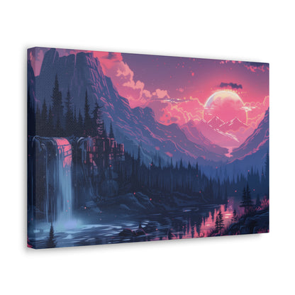 Dreamy Landscape Sunset with Waterfall and Mountains -  Digital Illustration Canvas Gallery Wraps