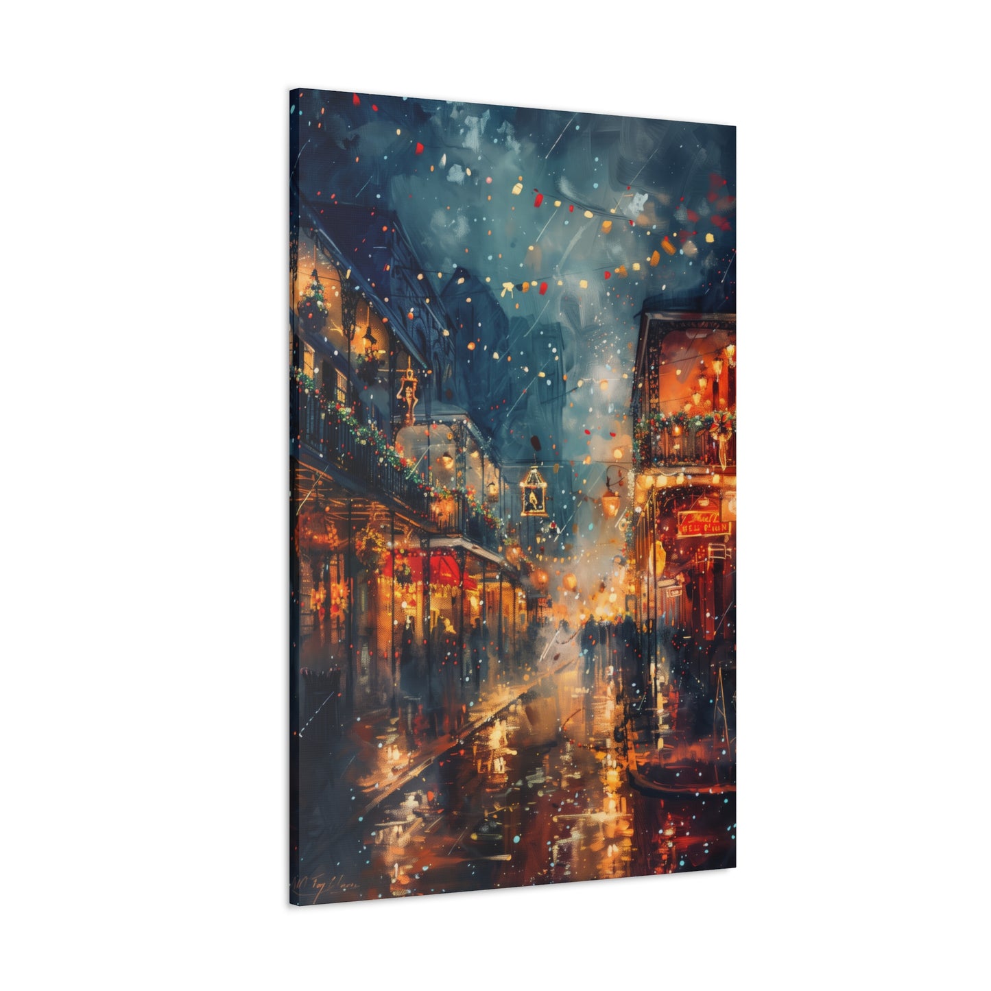 Christmas Street Corner in Downtown - Rembrandt Style Digital Oil Painting  Canvas Gallery Wraps