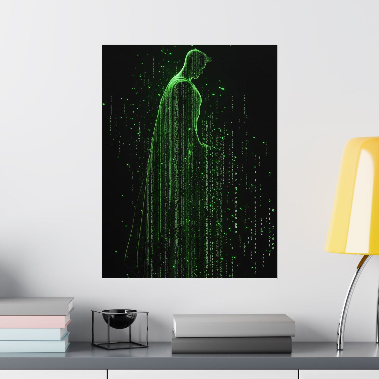 Neon Code Guardian: 3D Glitch Superman Matrix Effect - Digital Illustration Matte Vertical Poster