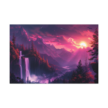 Dreamy Landscape with Waterfall and Mountains - Purple Evening Digital Illustration Canvas Gallery Wraps