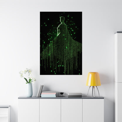 Neon Code Guardian: 3D Glitch Superman Matrix Effect - Digital Illustration Matte Vertical Poster