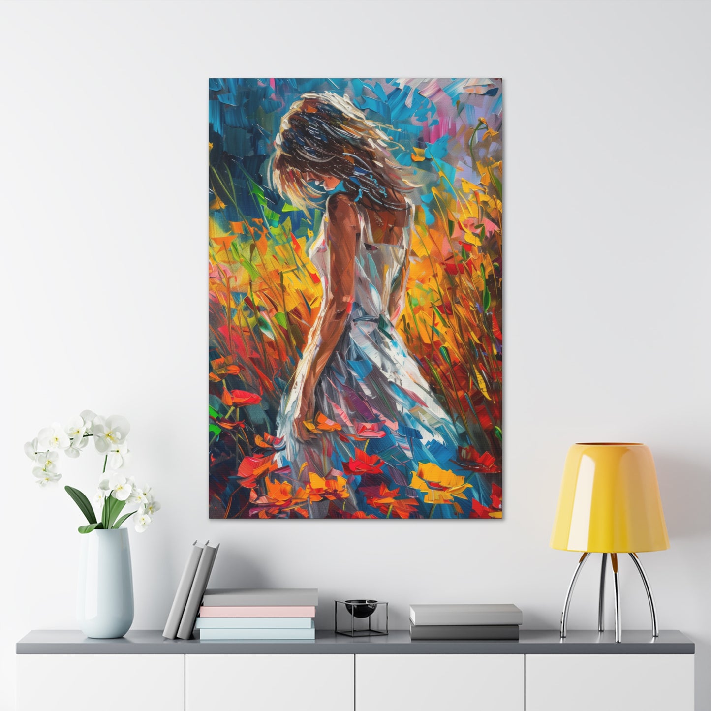 a girl standing in flower field Digital Oil Painting Print Canvas Gallery Wraps