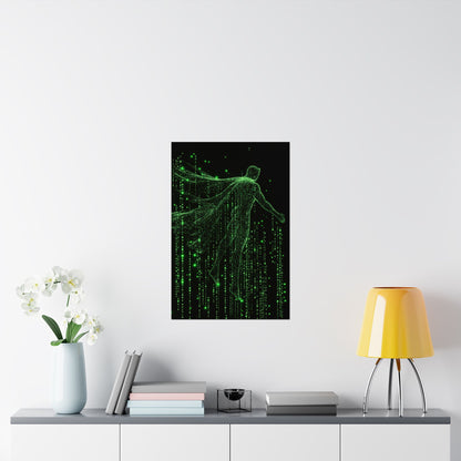 Neon Code Guardian: 3D Glitch Superman Matrix Effect - Digital Illustration Matte Vertical Poster