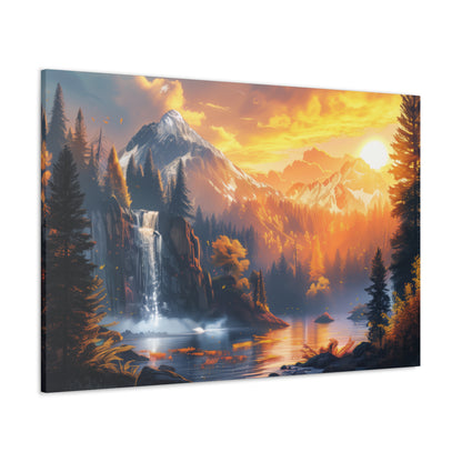 Dreamy Landscape Sunset with Waterfall and Mountains - Digital Illustration Canvas Gallery Wraps