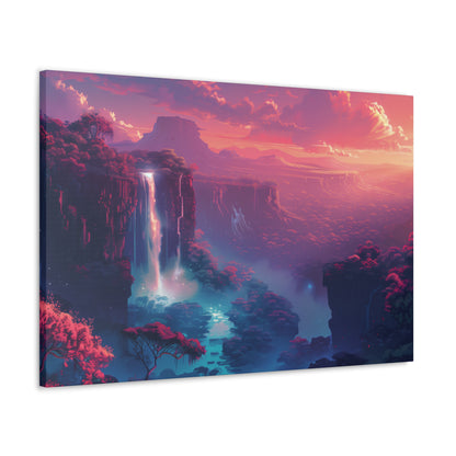 Dreamy Landscape with Waterfall and Mountains - Purple Evening Digital Illustration Canvas Gallery Wraps