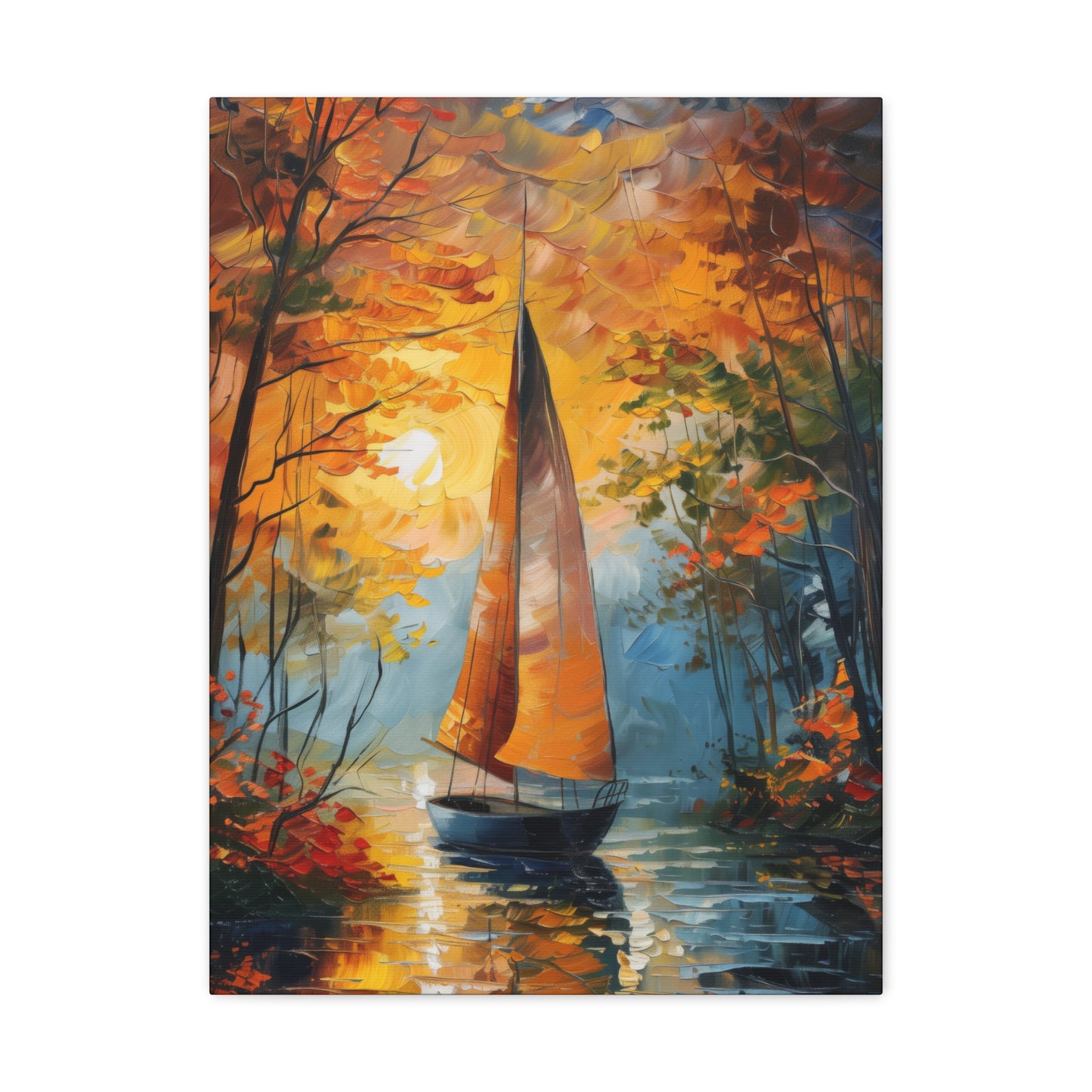 A Boat Sailing Through the Wild River - Leonid Afremov Style Digital Oil Painting Canvas Gallery Wraps