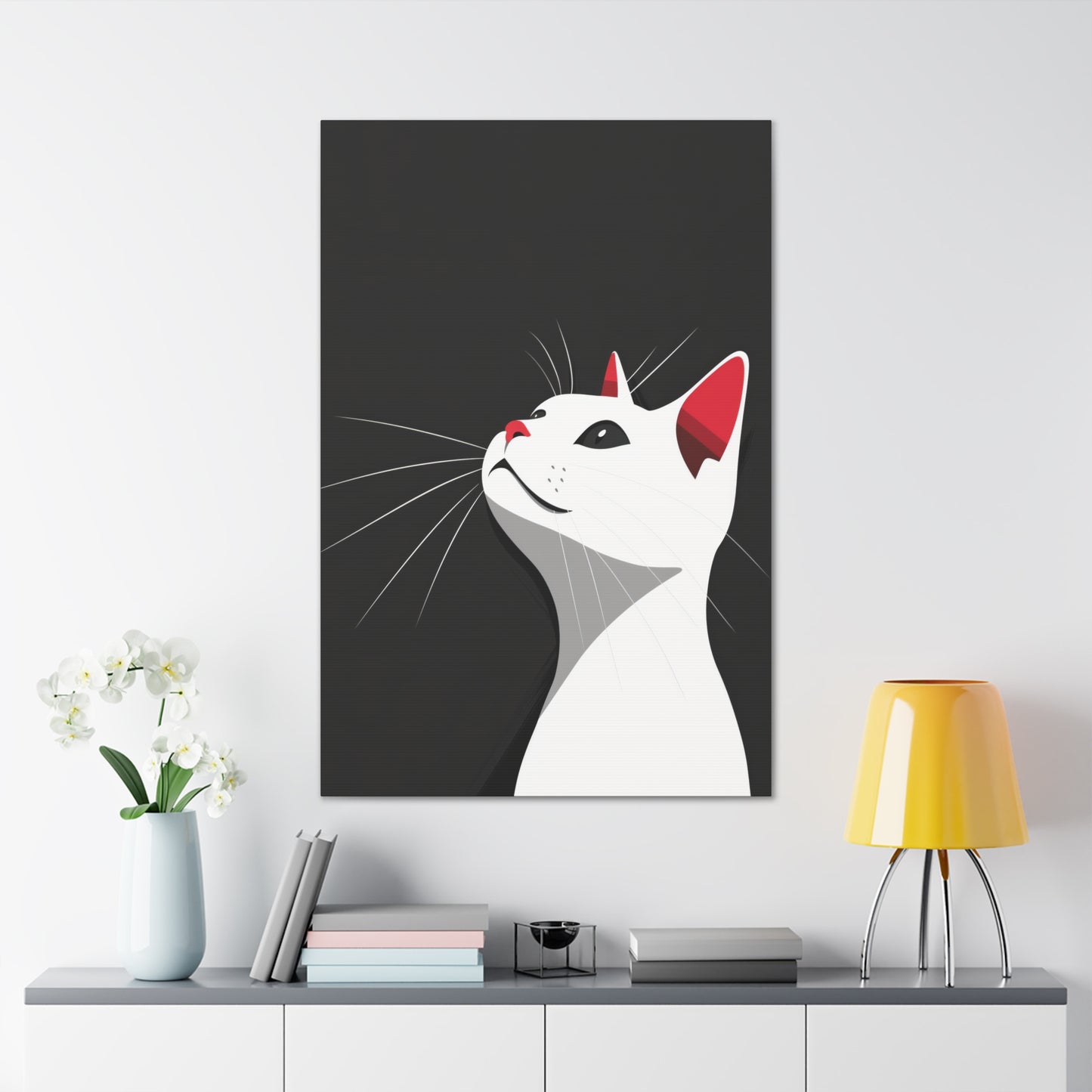 White Cat in Black Background Digital Illustration Canvas Gallery Wraps