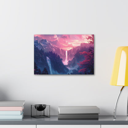 Dreamy Landscape with Waterfall and Mountains - Purple Evening Digital Illustration Canvas Gallery Wraps