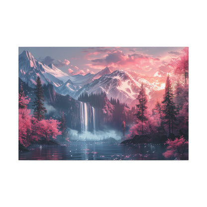 Dreamy Landscape Sunset with Waterfall and Mountains - Digital Illustration Canvas Gallery Wraps