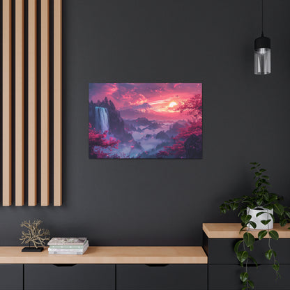 Dreamy Landscape Sunset with Waterfall and Mountains - Digital Illustration Canvas Gallery Wraps