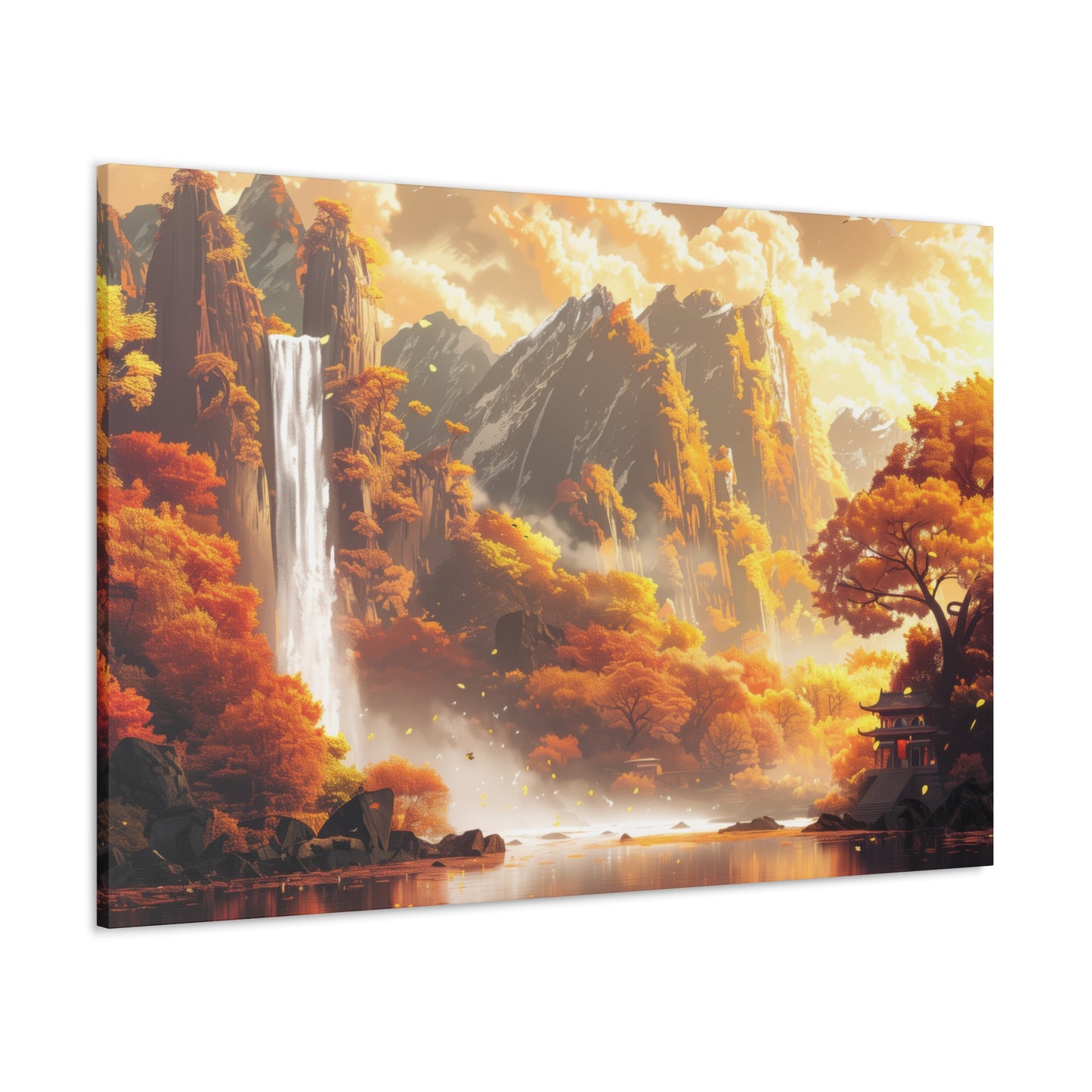 Dreamy Landscape Sunset with Waterfall and Mountains - Digital Illustration Canvas Gallery Wraps