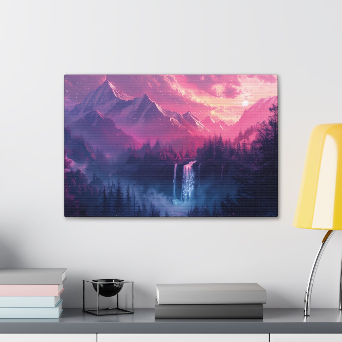 Dreamy Landscape Sunset with Waterfall and Mountains - Digital Illustration Canvas Gallery Wraps