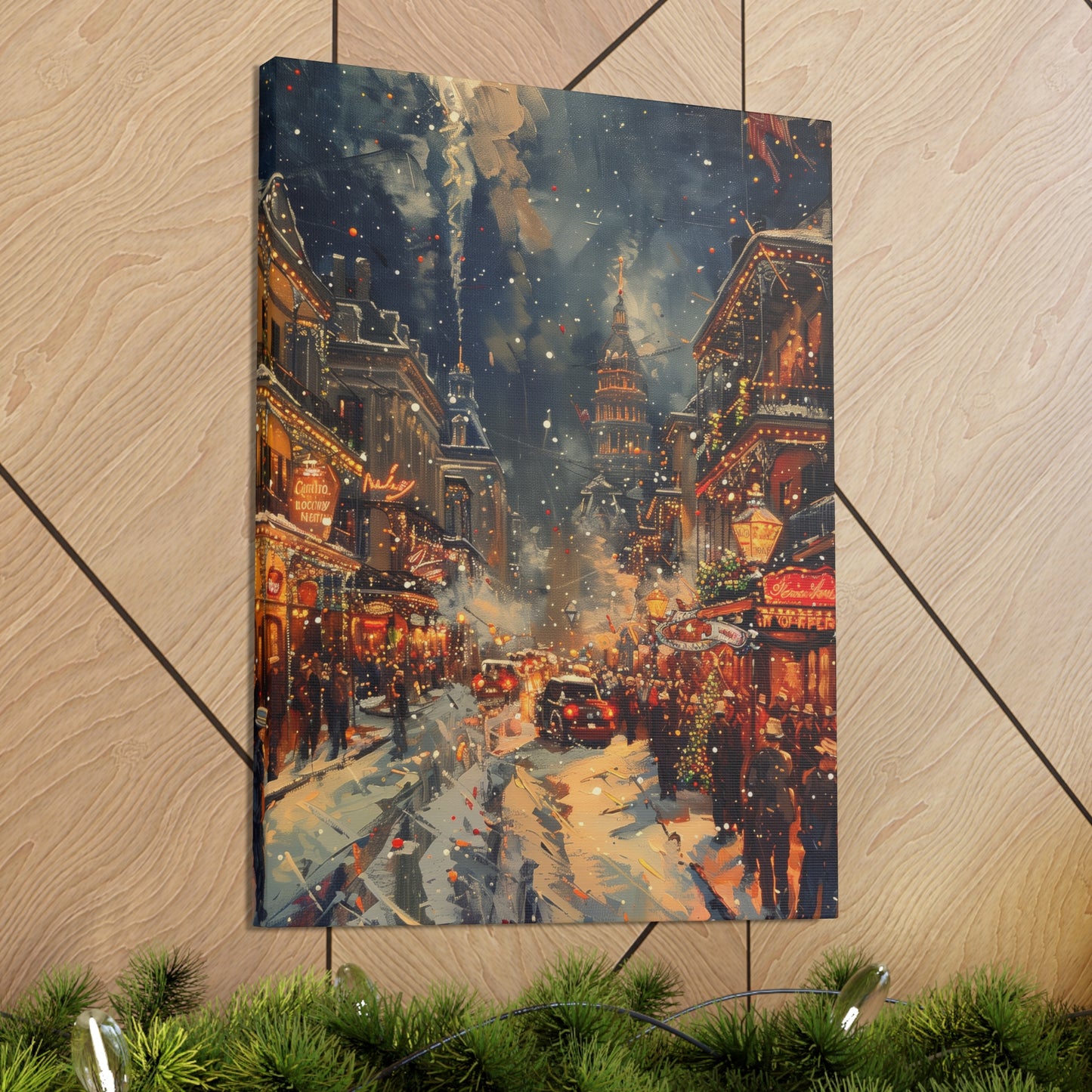 Christmas Street Corner in Downtown - Rembrandt Style Digital Oil Painting Canvas Gallery Wraps