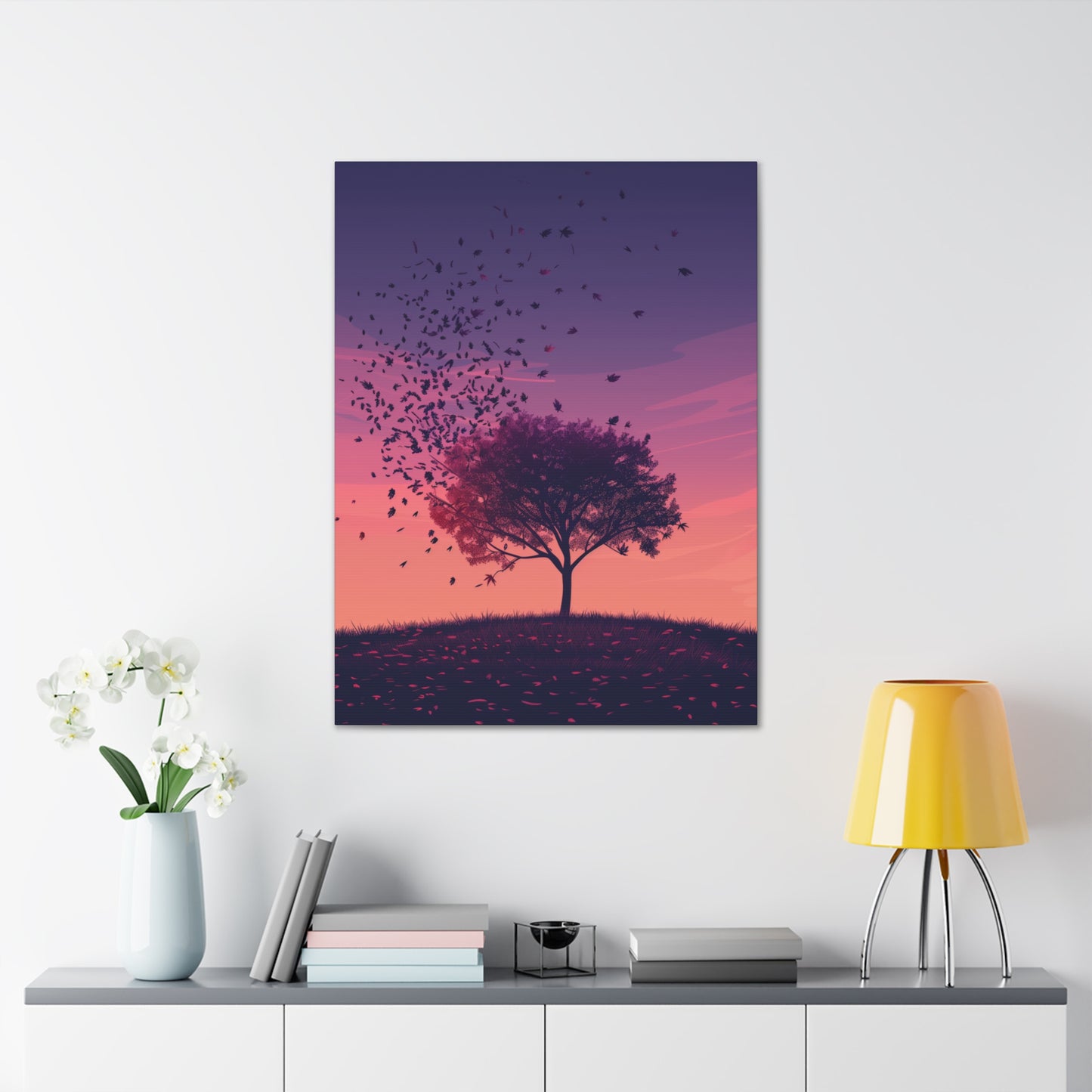 Tree in a Purple Sunset Digital Illustration Canvas Gallery Wraps