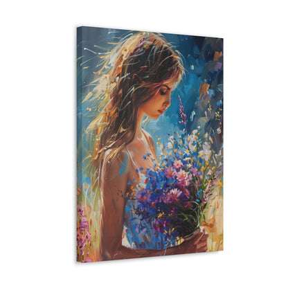 girl holding a flower bouquet - Leonid Afremov Style Digital Print Canvas Gallery Wraps