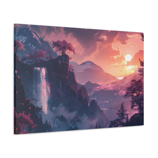 Dreamy Landscape with Waterfall and Mountains - Purple Evening Digital Illustration Canvas Gallery Wraps