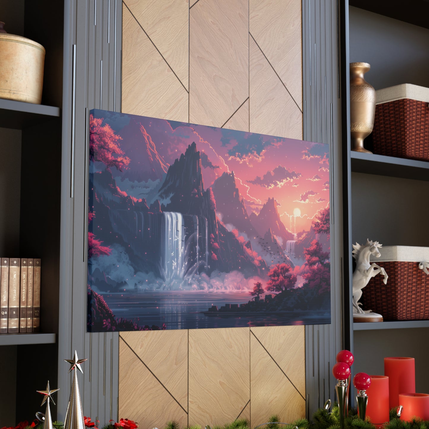 Dreamy Landscape Sunset with Waterfall and Mountains - Digital Illustration Canvas Gallery Wraps