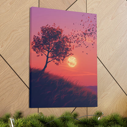 Tree in a Purple Sunset Digital Illustration Canvas Gallery Wraps