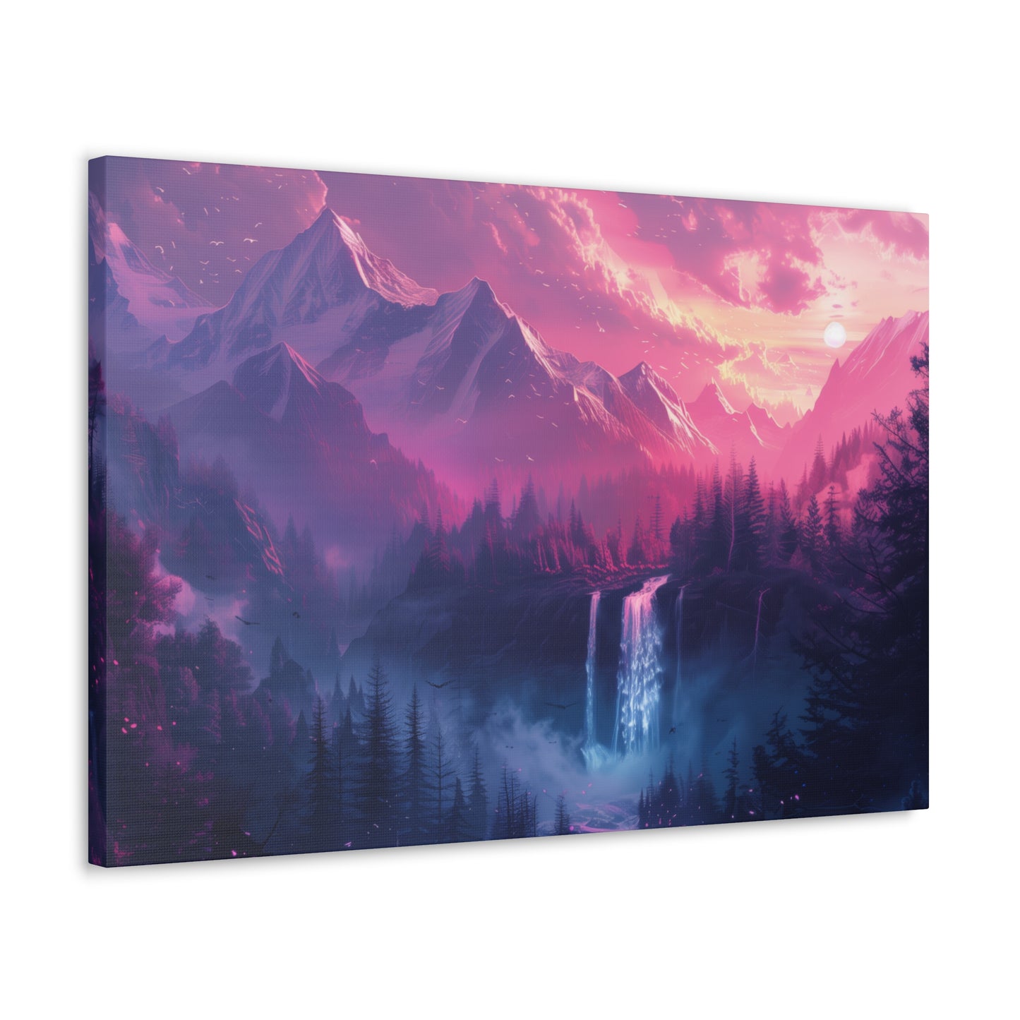 Dreamy Landscape Sunset with Waterfall and Mountains - Digital Illustration Canvas Gallery Wraps