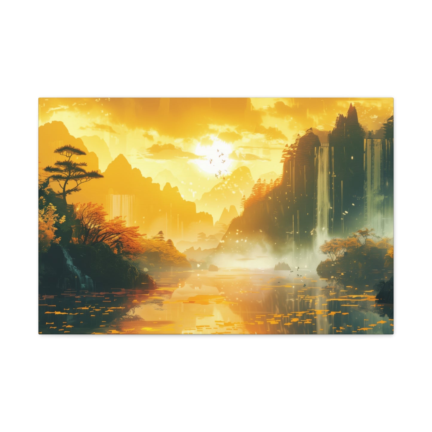 Dreamy Landscape Sunset with Waterfall and Mountains - Digital Illustration Canvas Gallery Wraps