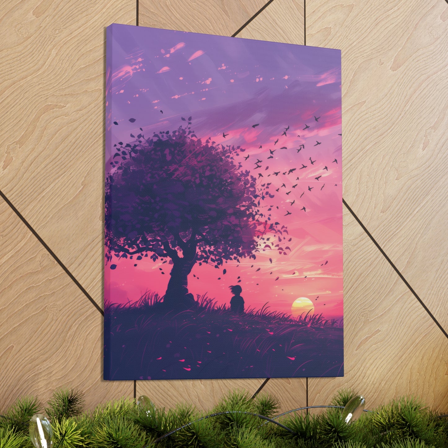 Tree in a Purple Sunset Digital Illustration Canvas Gallery Wraps