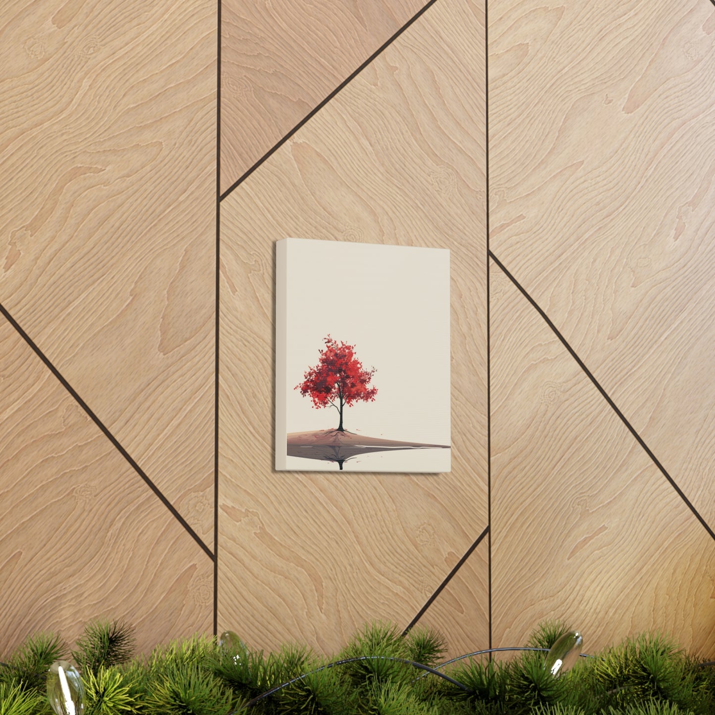 Lone Tree with Red Leaves - Portrait Illustration Canvas Gallery Wraps