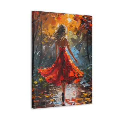 a girl in red dress walking through forest - Leonid Afremov Style Digital Print Canvas Gallery Wraps