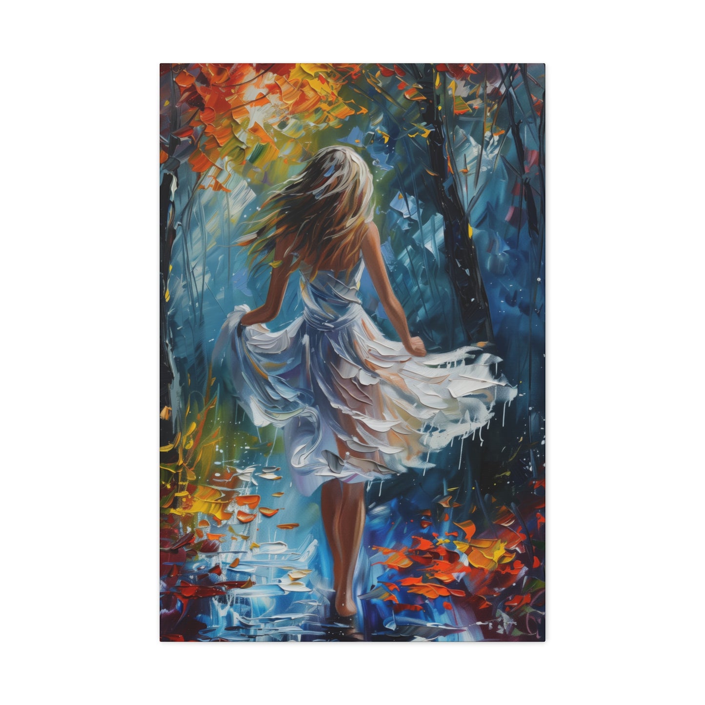 girl walking in the street wearing white dress - Leonid Afremov Style Digital Print Canvas Gallery Wraps