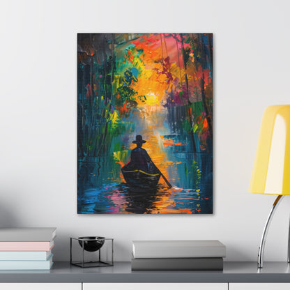 Man Sailing in a Boat in a Autumn Forest River - Claude Monet Style Digital Print Canvas Gallery Wraps