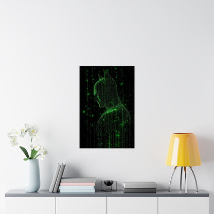 Neon Code Vigilante: 3D Glitch Batman Matrix Effect - Digital Illustration Matte Vertical Poster