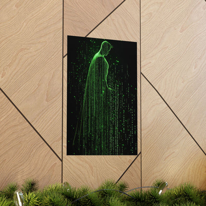 Neon Code Guardian: 3D Glitch Superman Matrix Effect - Digital Illustration Matte Vertical Poster