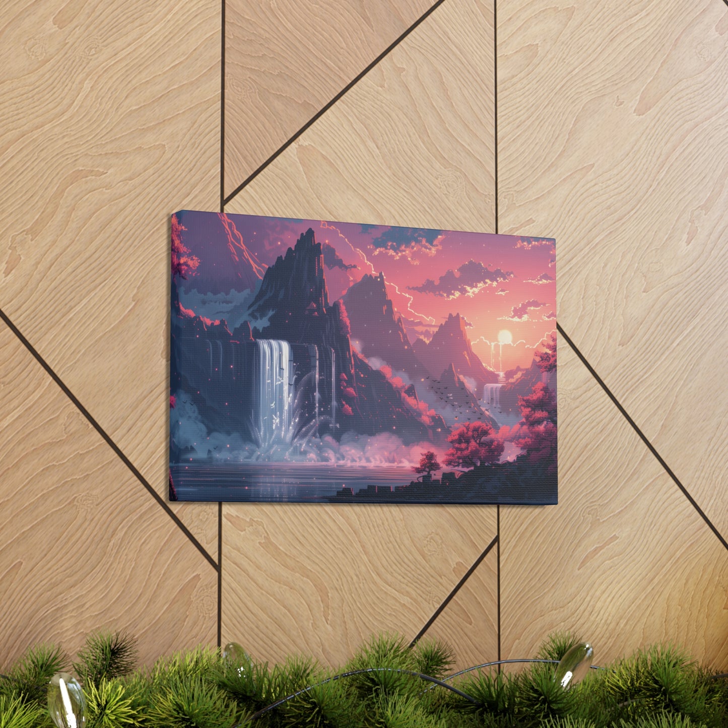 Dreamy Landscape Sunset with Waterfall and Mountains - Digital Illustration Canvas Gallery Wraps