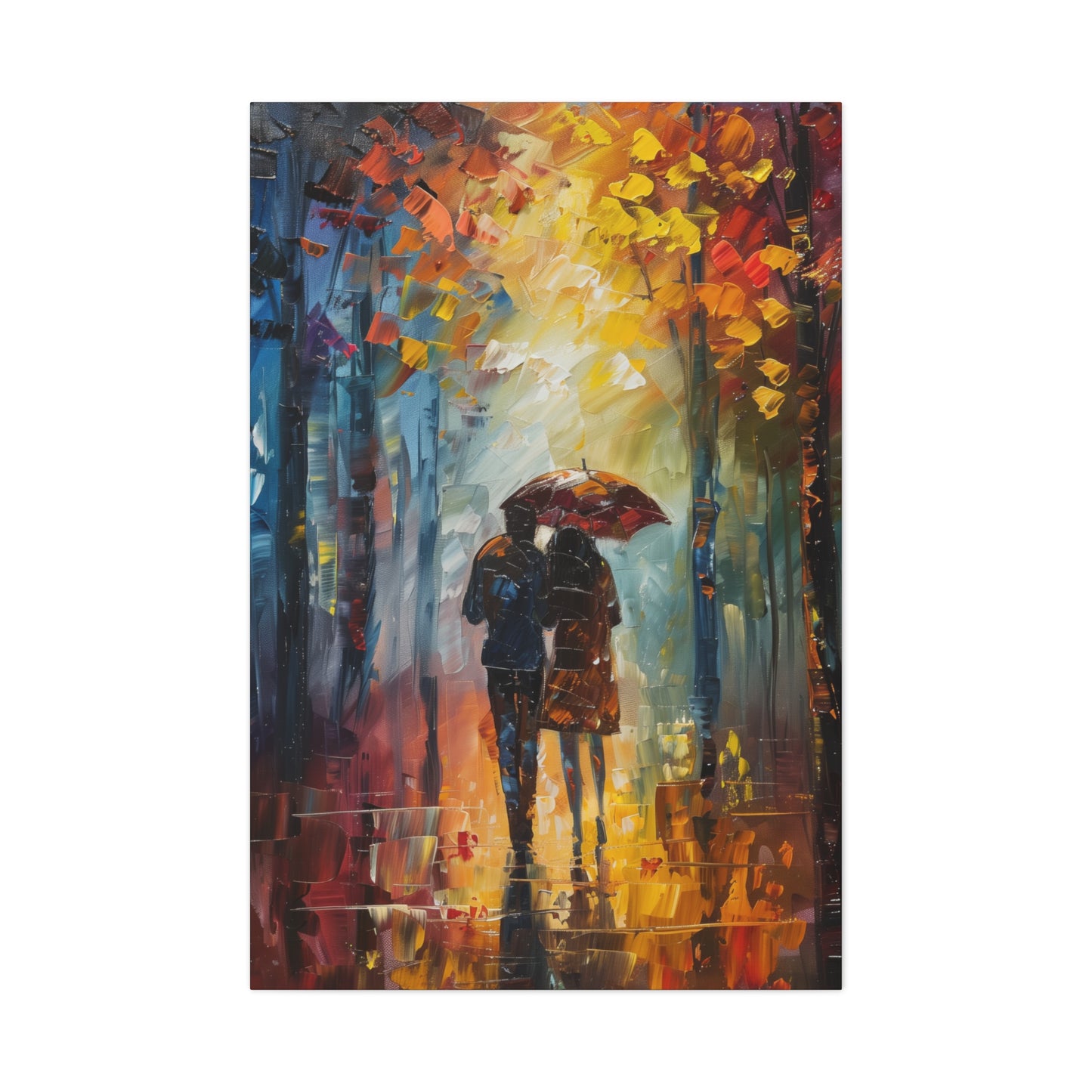 Couple Walking in the Street with Umbrella - Leonid Afremov Style Digital Oil Painting Canvas Gallery Wraps