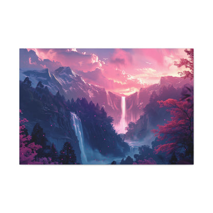 Dreamy Landscape with Waterfall and Mountains - Purple Evening Digital Illustration Canvas Gallery Wraps