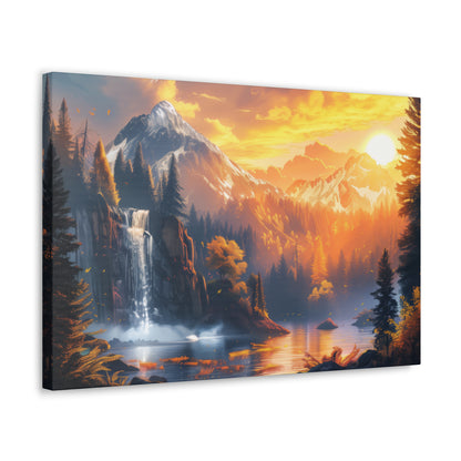 Dreamy Landscape Sunset with Waterfall and Mountains - Digital Illustration Canvas Gallery Wraps