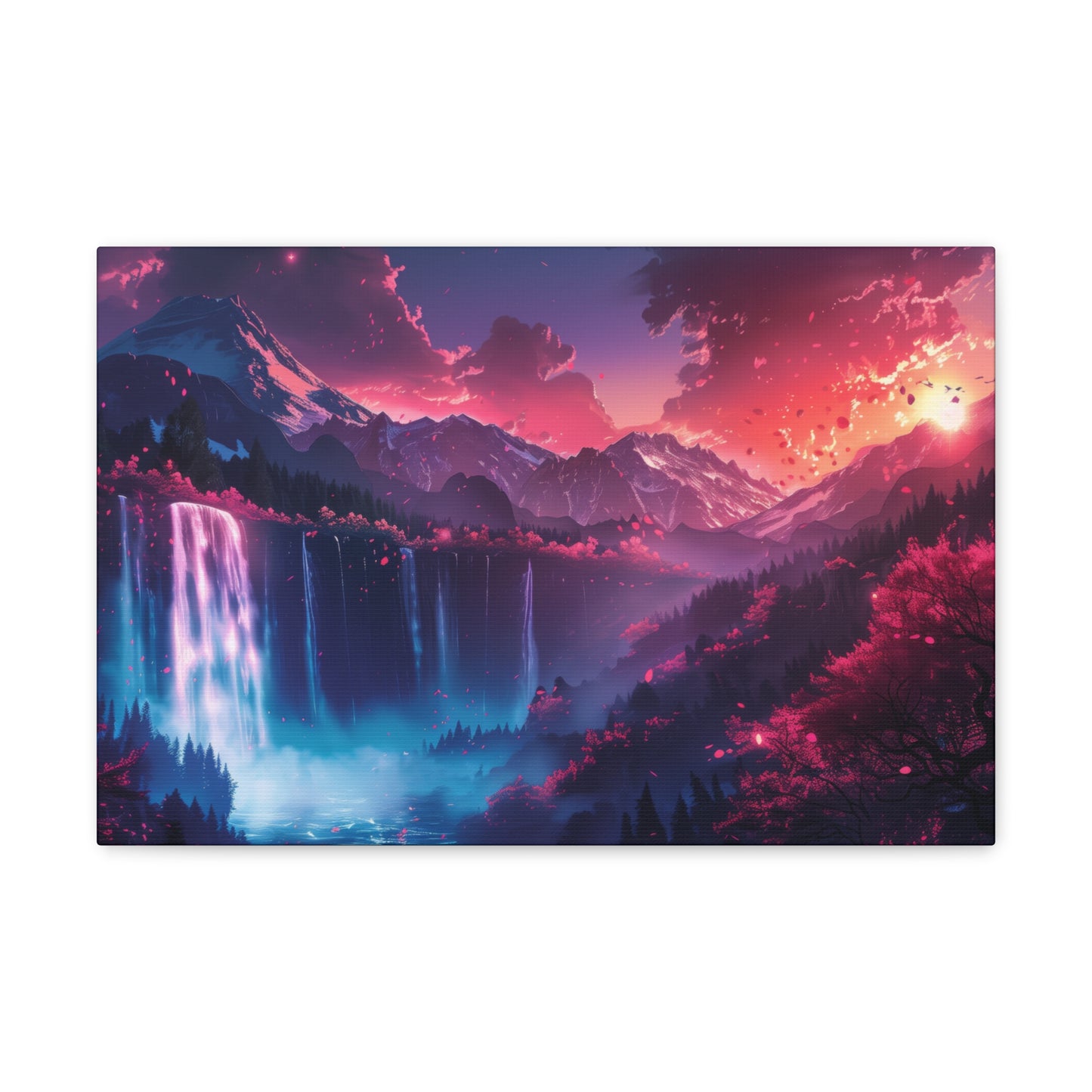 Dreamy Landscape Sunset with Waterfall and Mountains - Digital Illustration Canvas Gallery Wraps