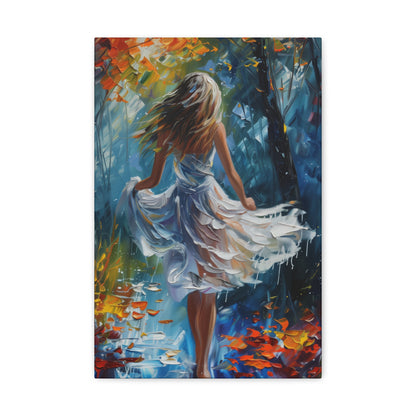 girl walking in the street wearing white dress - Leonid Afremov Style Digital Print Canvas Gallery Wraps