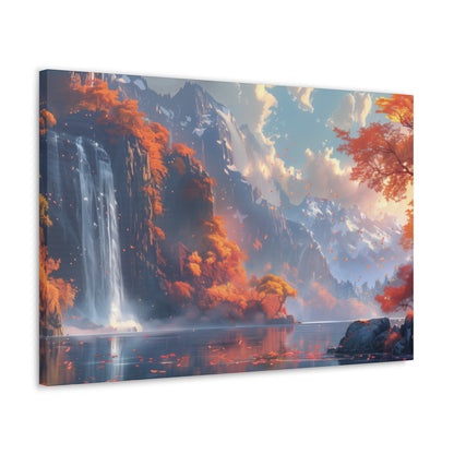 Dreamy Landscape Sunset with Waterfall and Mountains - Digital Illustration Canvas Gallery Wraps