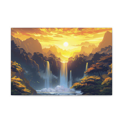 Dreamy Landscape - Waterfall and Mountains in Golden Morning Illustration Canvas Gallery Wraps