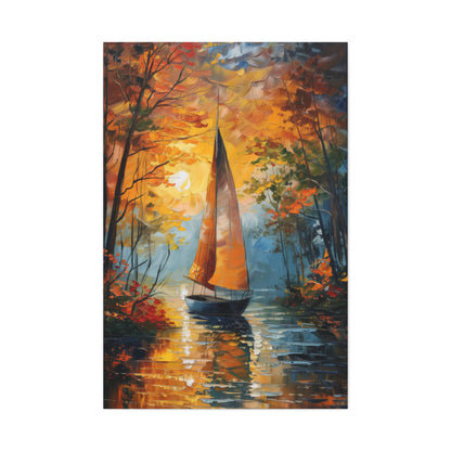 A Boat Sailing Through the Wild River - Leonid Afremov Style Digital Oil Painting Canvas Gallery Wraps