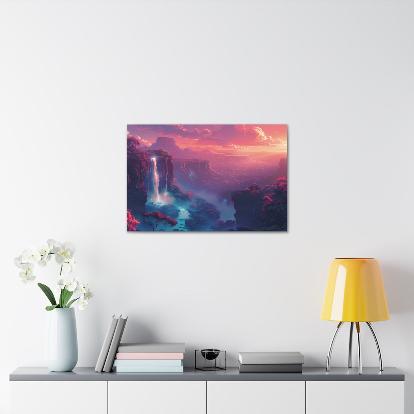 Dreamy Landscape with Waterfall and Mountains - Purple Evening Digital Illustration Canvas Gallery Wraps