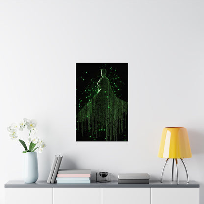 Neon Code Guardian: 3D Glitch Superman Matrix Effect - Digital Illustration Matte Vertical Poster