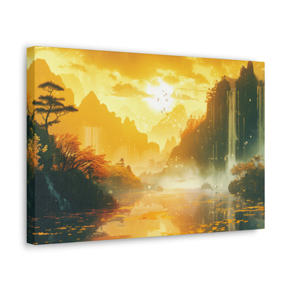 Dreamy Landscape Sunset with Waterfall and Mountains - Digital Illustration Canvas Gallery Wraps