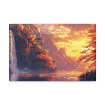 Dreamy Landscape - Waterfall and Mountains in Golden Morning Illustration Canvas Gallery Wraps