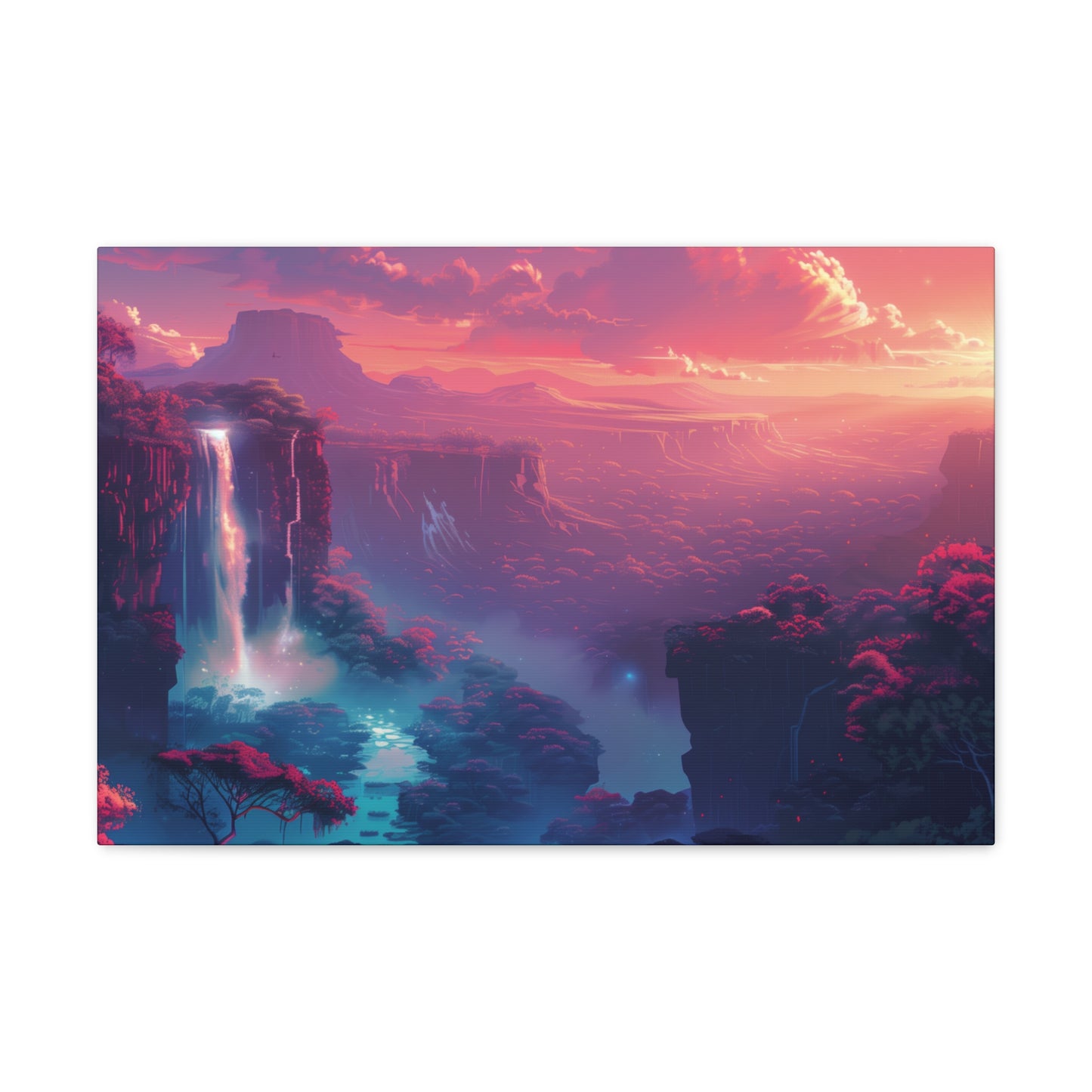 Dreamy Landscape with Waterfall and Mountains - Purple Evening Digital Illustration Canvas Gallery Wraps