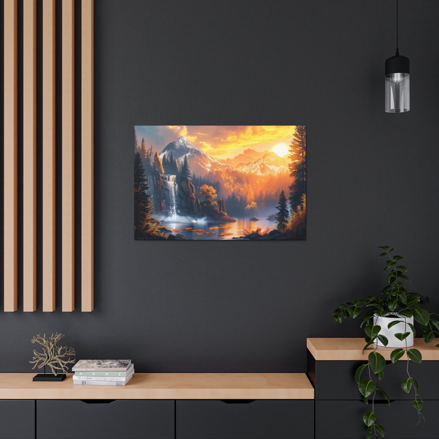 Dreamy Landscape Sunset with Waterfall and Mountains - Digital Illustration Canvas Gallery Wraps